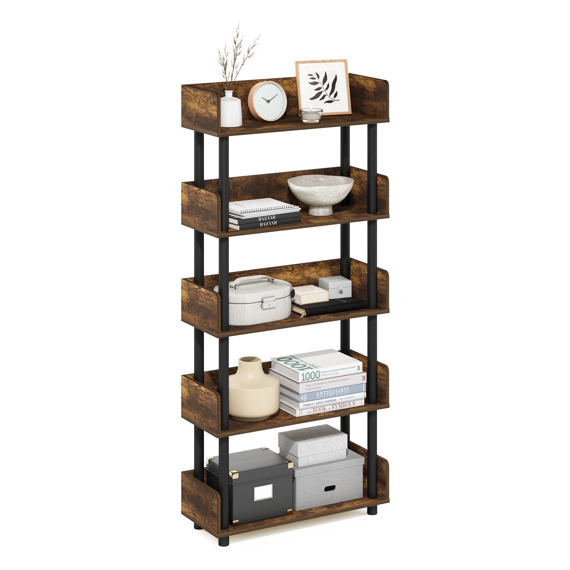 Furinno Turn-N-Tube 5-Tier Toolless Display Rack, Amber Pine/Black