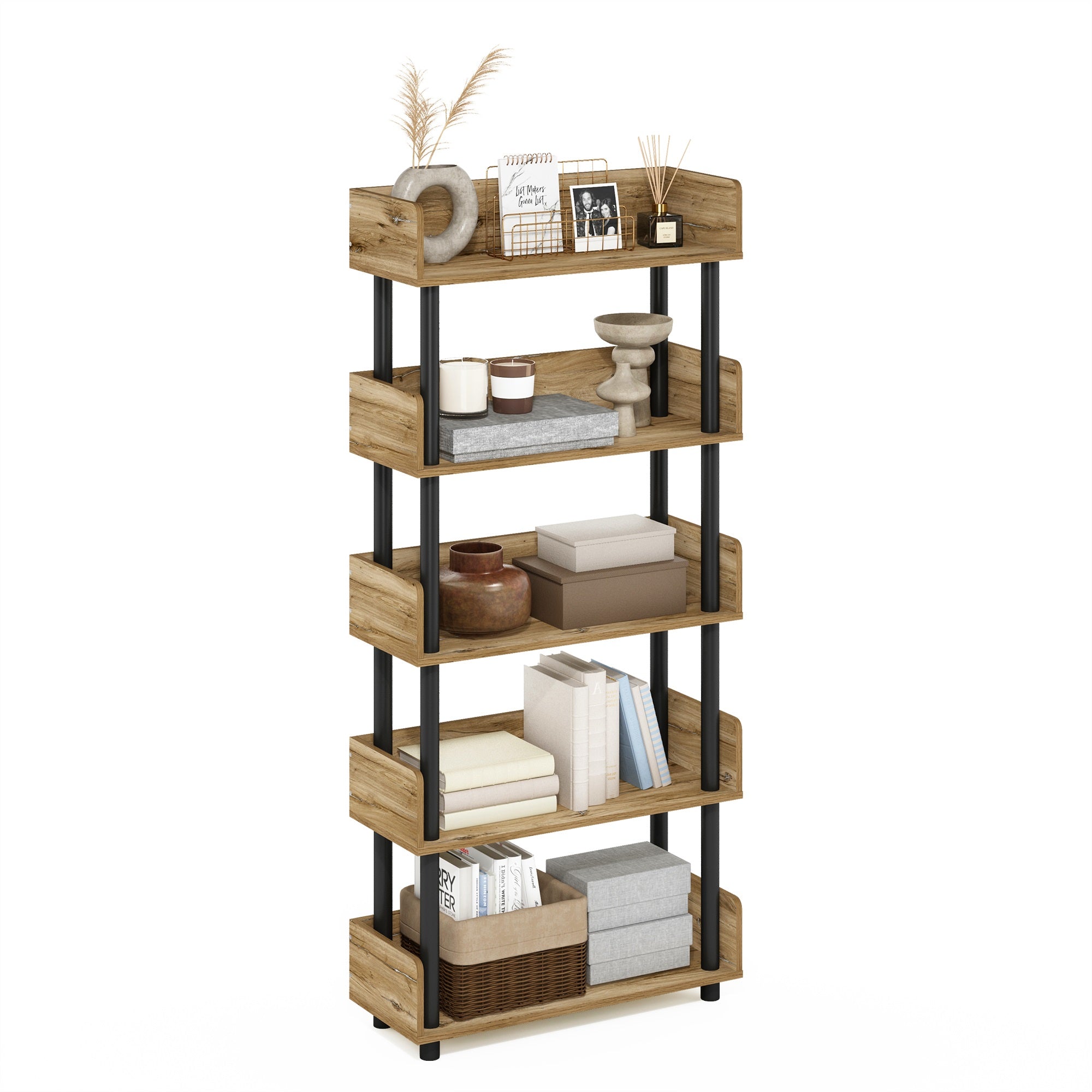 Furinno Turn-N-Tube 5-Tier Toolless Display Rack, Flagstaff Oak/Black