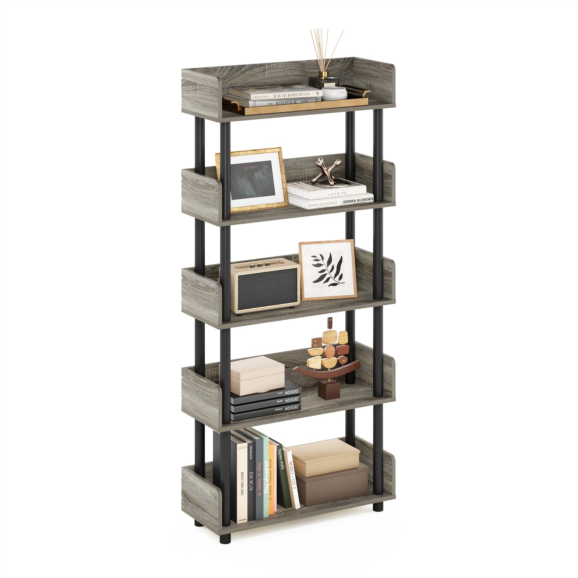 Furinno Turn-N-Tube 5-Tier Toolless Display Rack, French Oak/Black