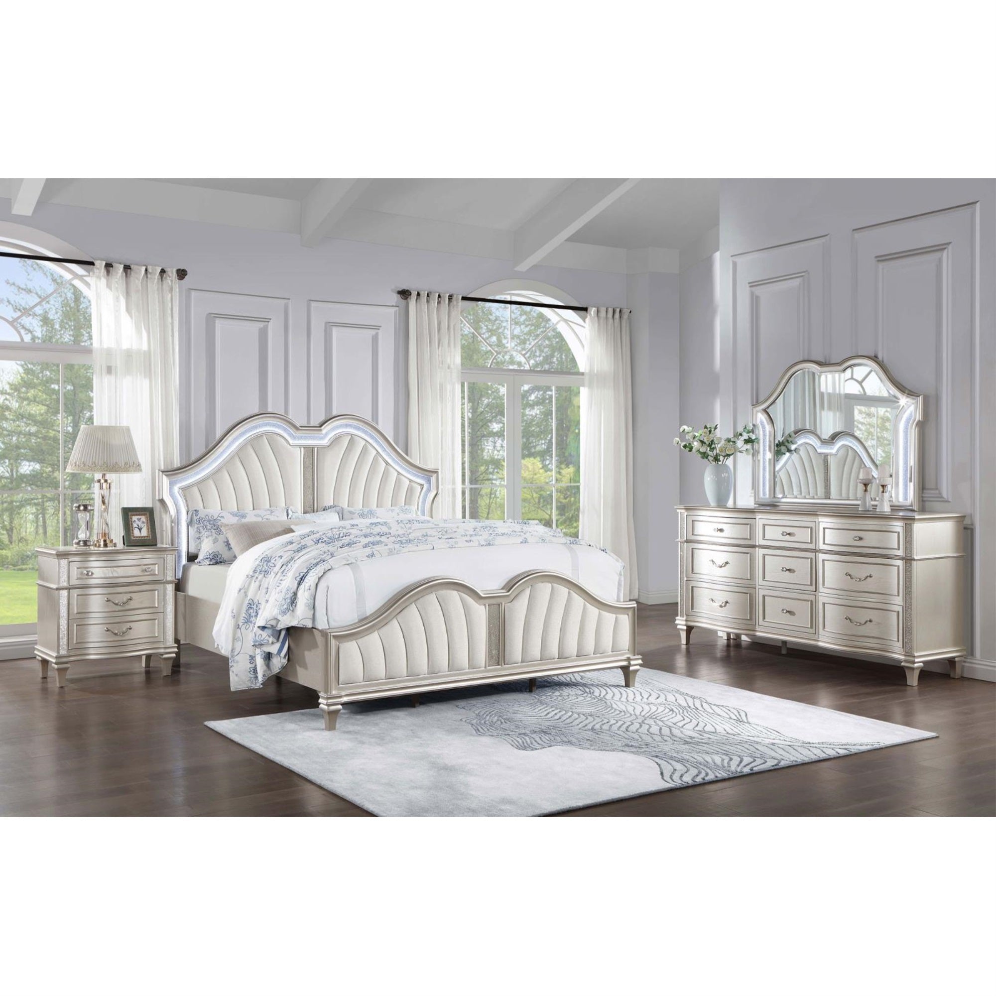 Evangeline 4piece Upholstered Platform Eastern King Bedroom Set Ivory and Silver Oak