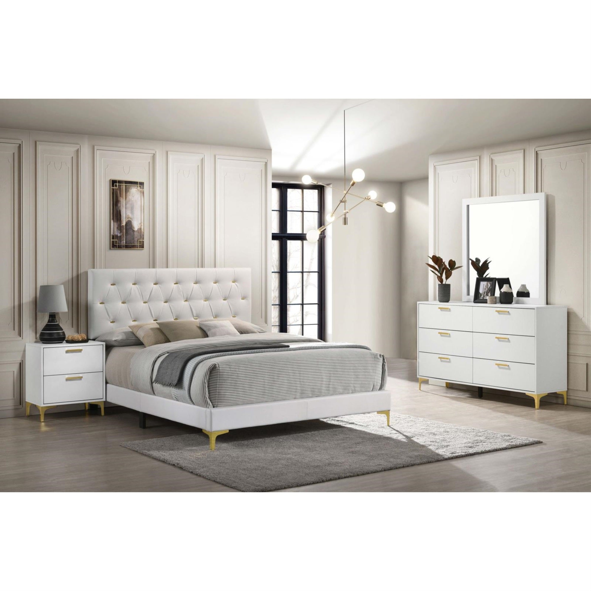 Coaster Home Furnishings Kendall 4-Piece Modern Bedroom Set Queen Size Upholstered Tufted Bed Frame Velvet Upholstery Nightstand Dresser And Mirror White 224401Q-S4