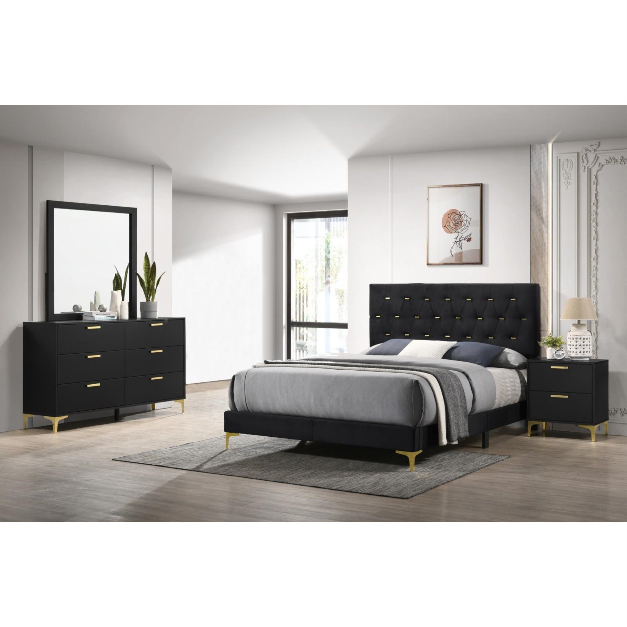 Coaster Home Furnishings Kendall 4-Piece Modern Bedroom Set Queen Size Upholstered Tufted Bed Frame Velvet Upholstery Nightstand Dresser And Mirror Black 224451Q-S4