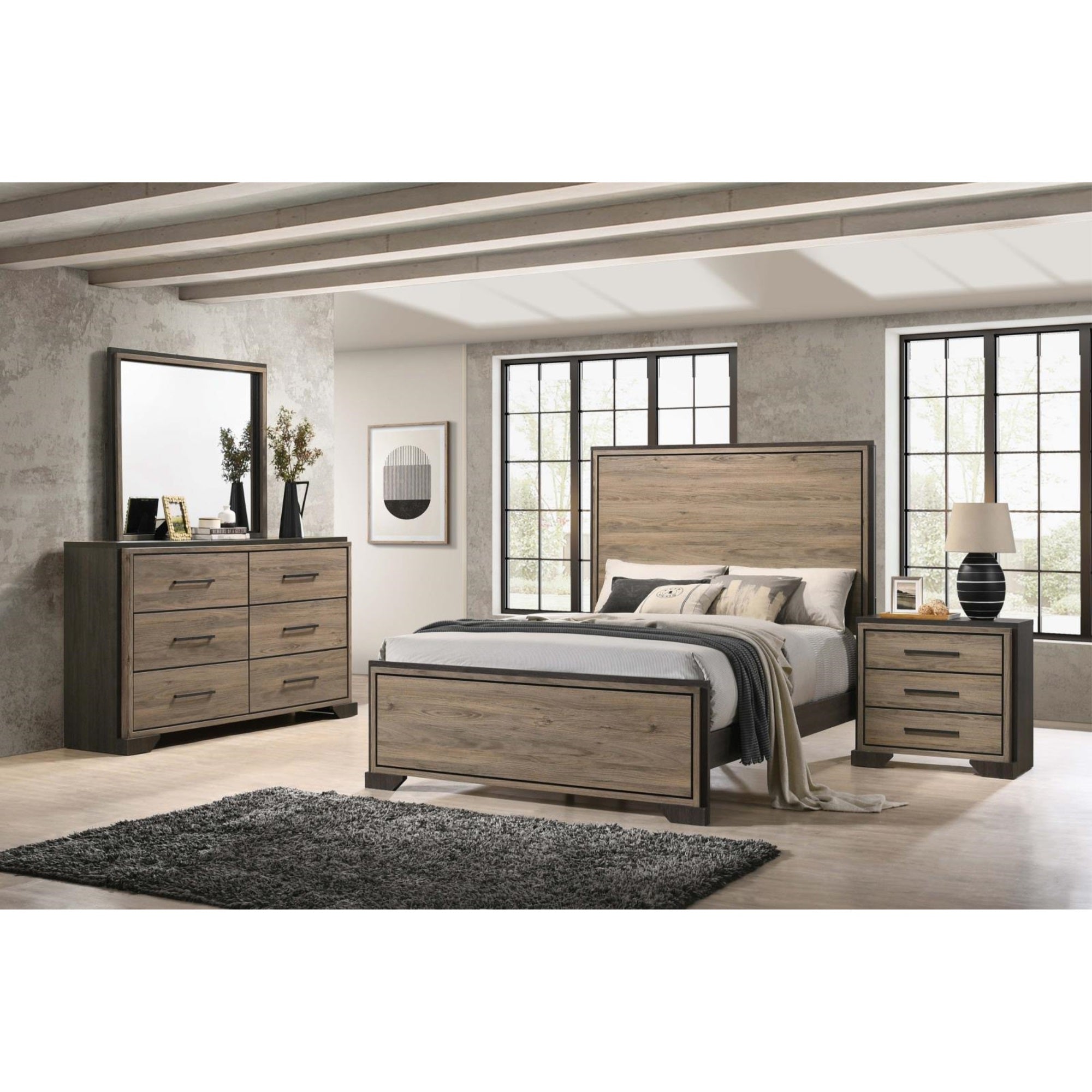 Coaster Home Furnishings Baker Farmhouse 4-Piece Bedroom Set Queen Size Panel Bed Frame 63-Inch Headboard Light Taupe 224461Q-S4