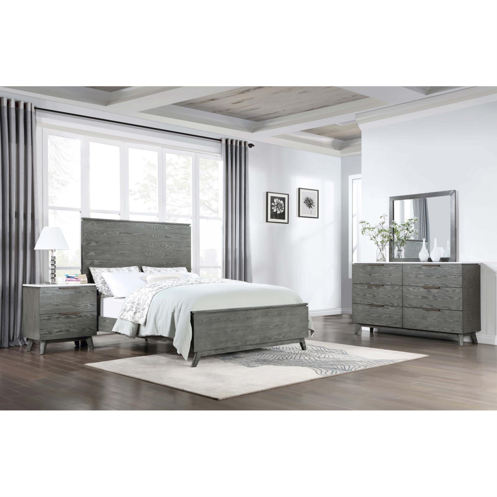 Coaster Home Furnishings Nathan Mid-Century Modern 4-Piece Bedroom Set Upholstered Eastern King Size Panel Bed Frame 60-Inch Headboard Grey 224601Ke-S4