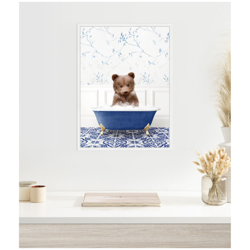 Sylvie Bear Cub in Eclectic Blue Bathtub Framed Canvas by Amy Peterson