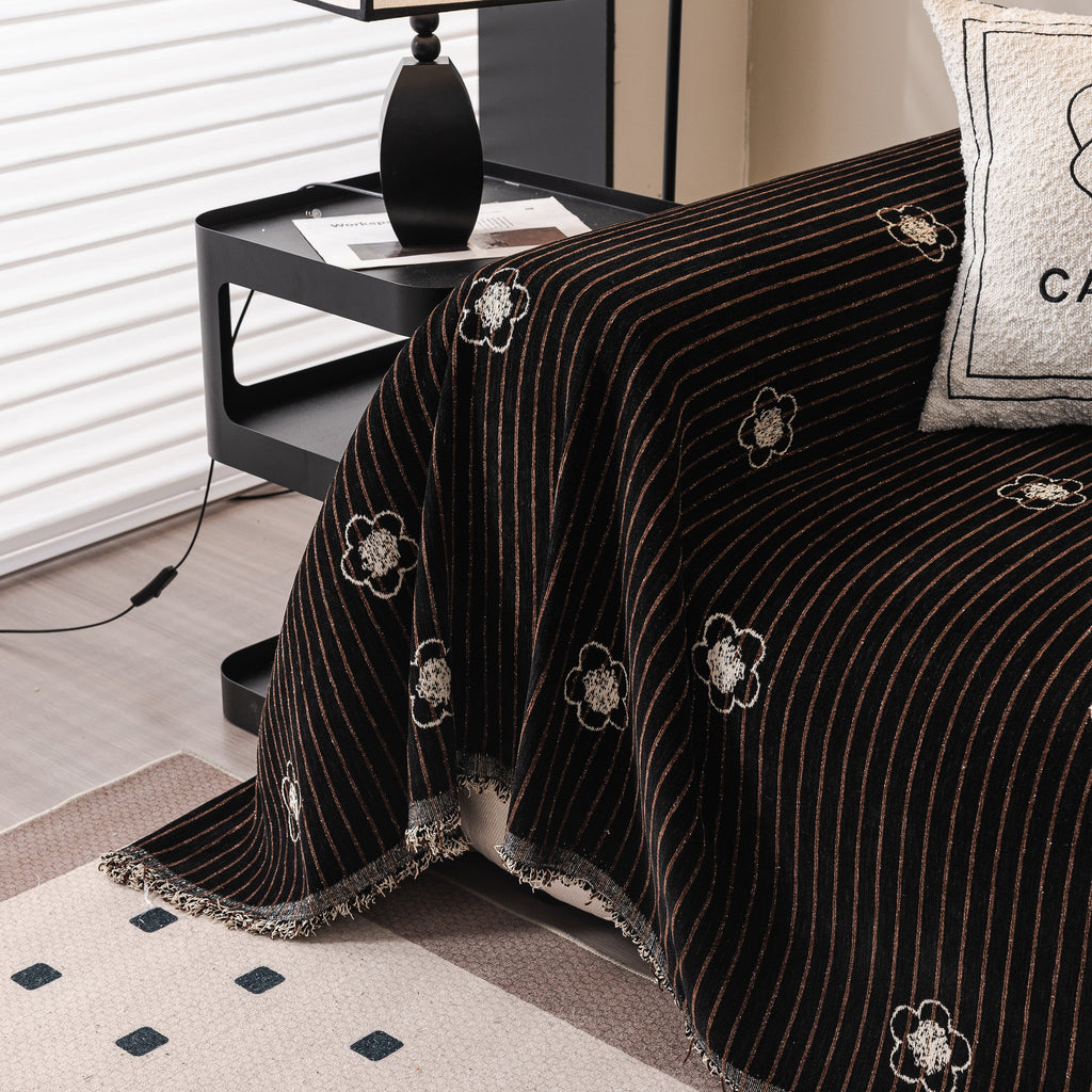 Chenille Camellia Floral Sofa Throw Cover Couch Blanket with Striped Jacquard