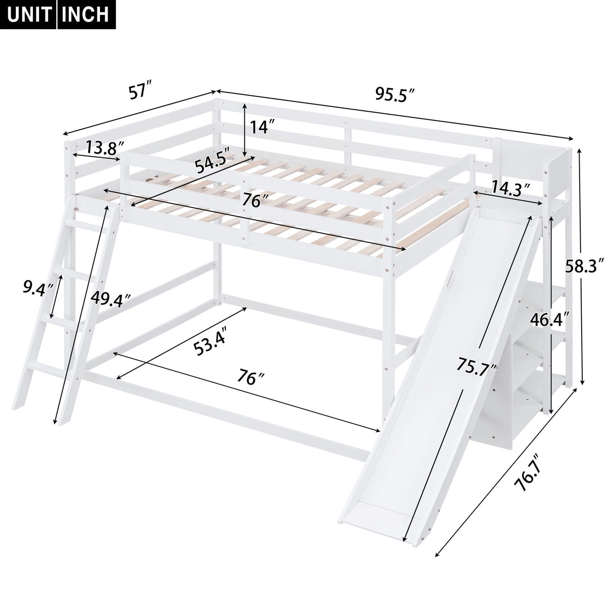 Bunk Bed With Ladder, Slide, And Shelves Pine Wood