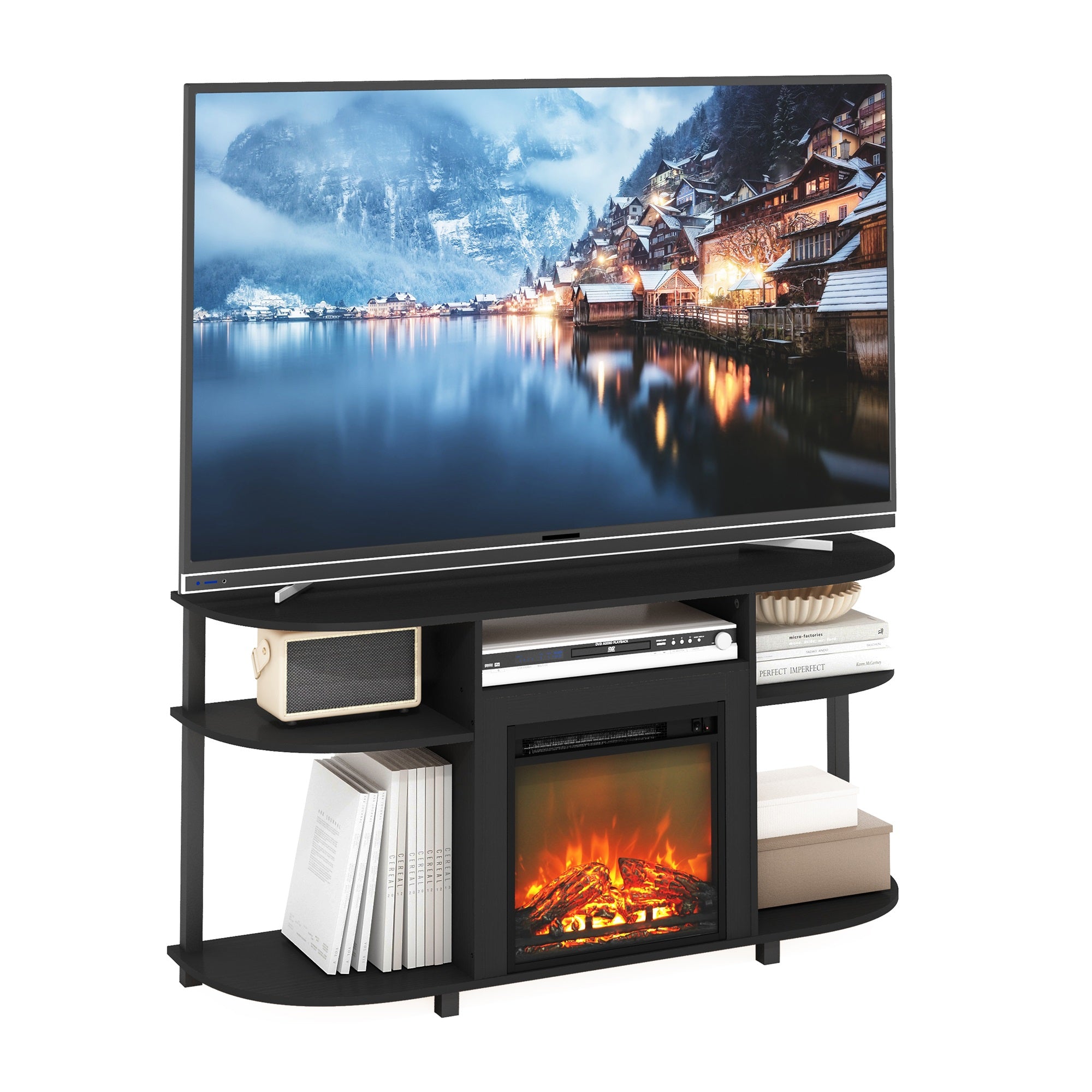 Furinno Jensen Open Storage Curved Entertainment Center Stand With Fireplace For Tv Up To 55 Inch, Americano