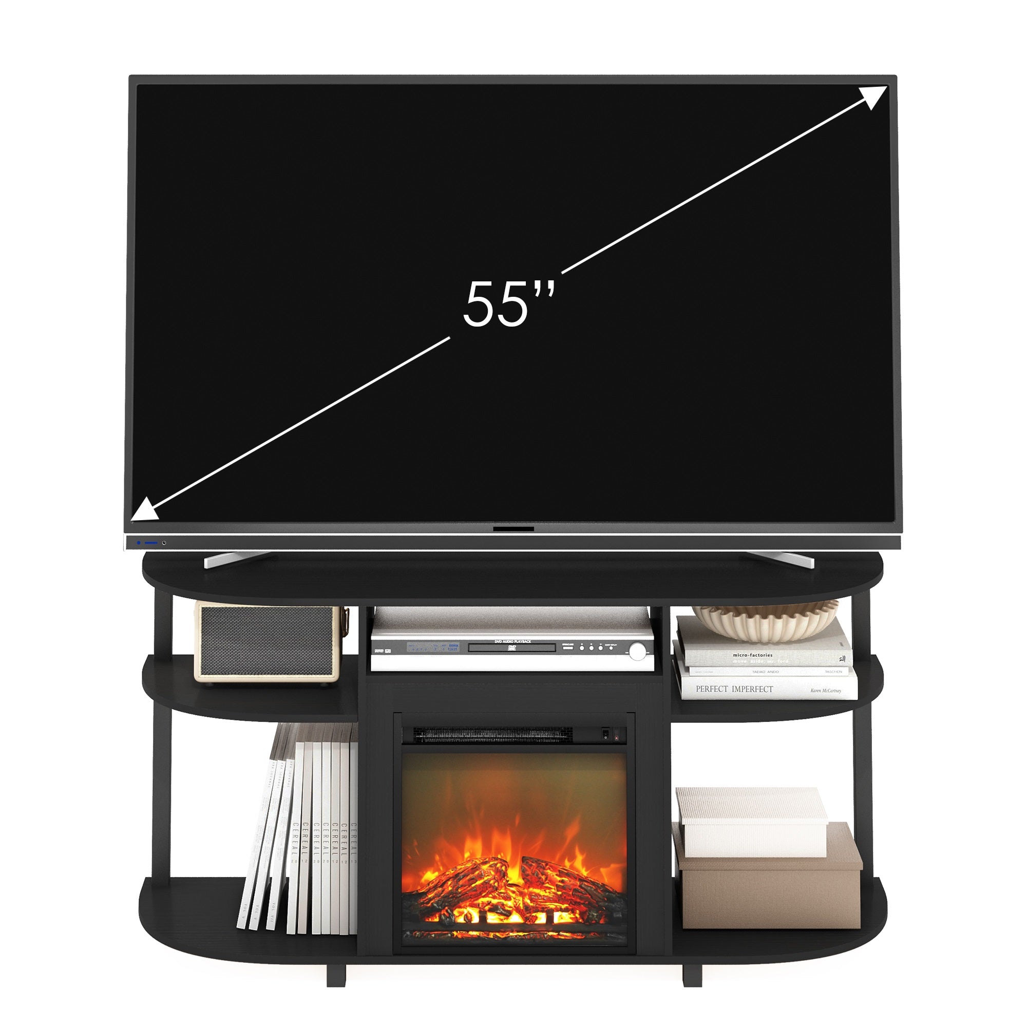 Furinno Jensen Open Storage Curved Entertainment Center Stand With Fireplace For Tv Up To 55 Inch, Americano