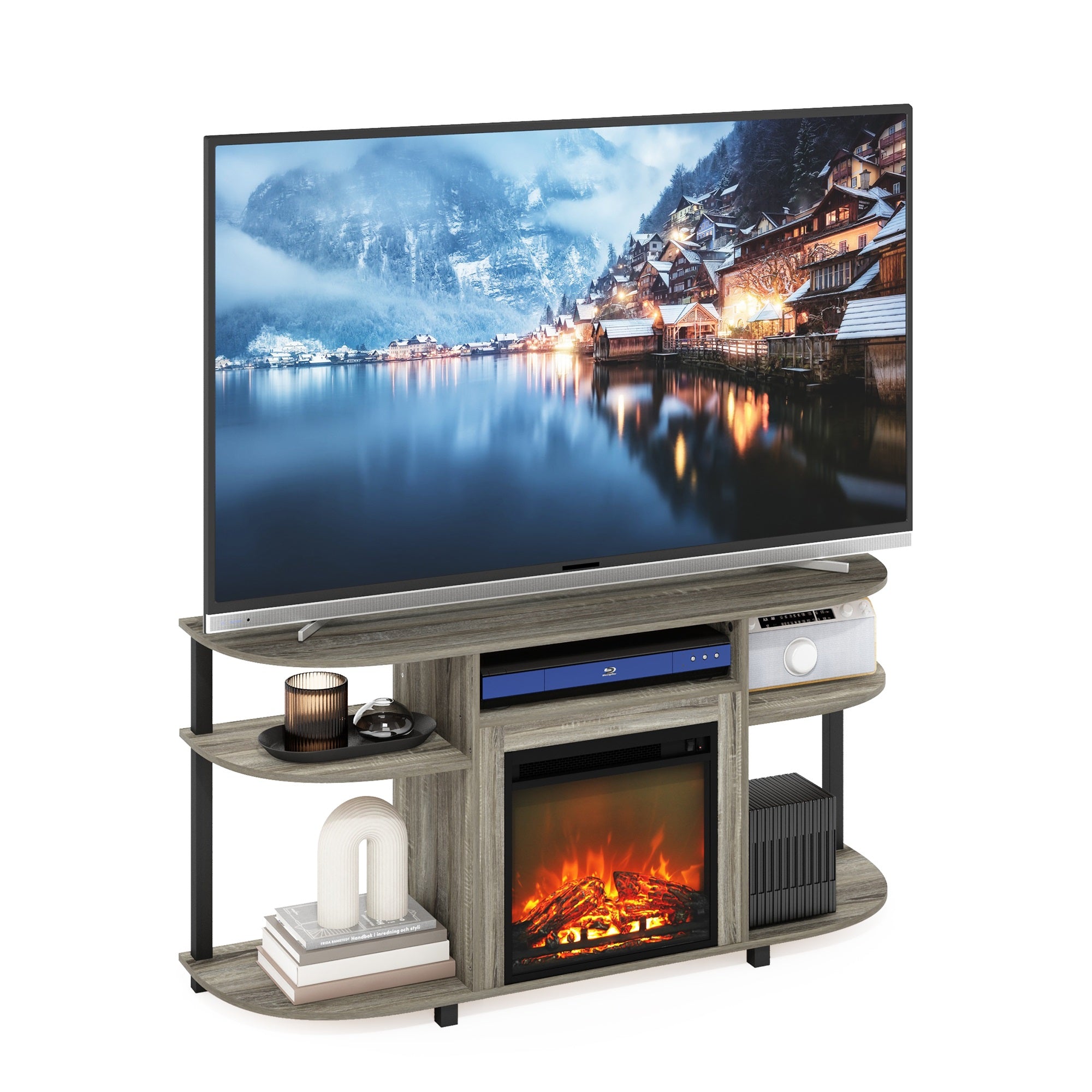 Furinno Jensen Open Storage Curved Entertainment Center Stand With Fireplace For Tv Up To 55 Inch, French Oak Grey