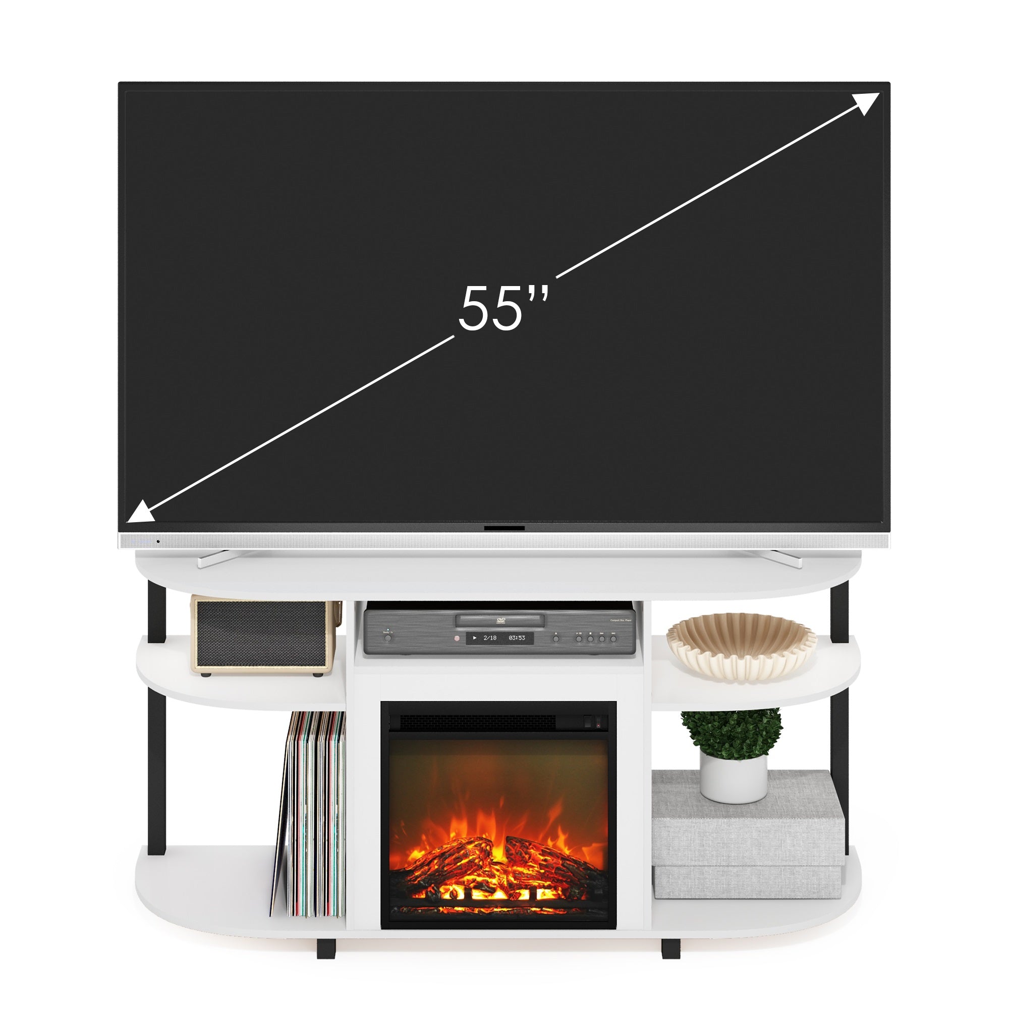 Furinno Jensen Open Storage Curved Entertainment Center Stand With Fireplace For Tv Up To 55 Inch, Solid White