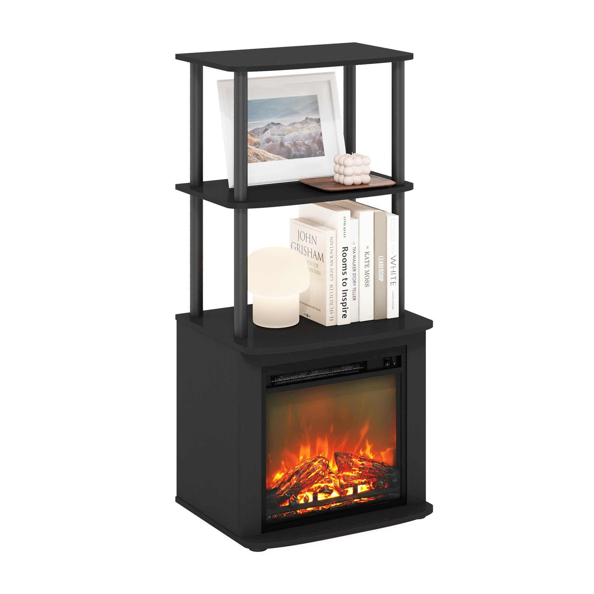 Furinno Turn-N-Tube 2-Tier Tall Tv Entertainment Side Table Display Rack With Fireplace Insert, Americano/Black