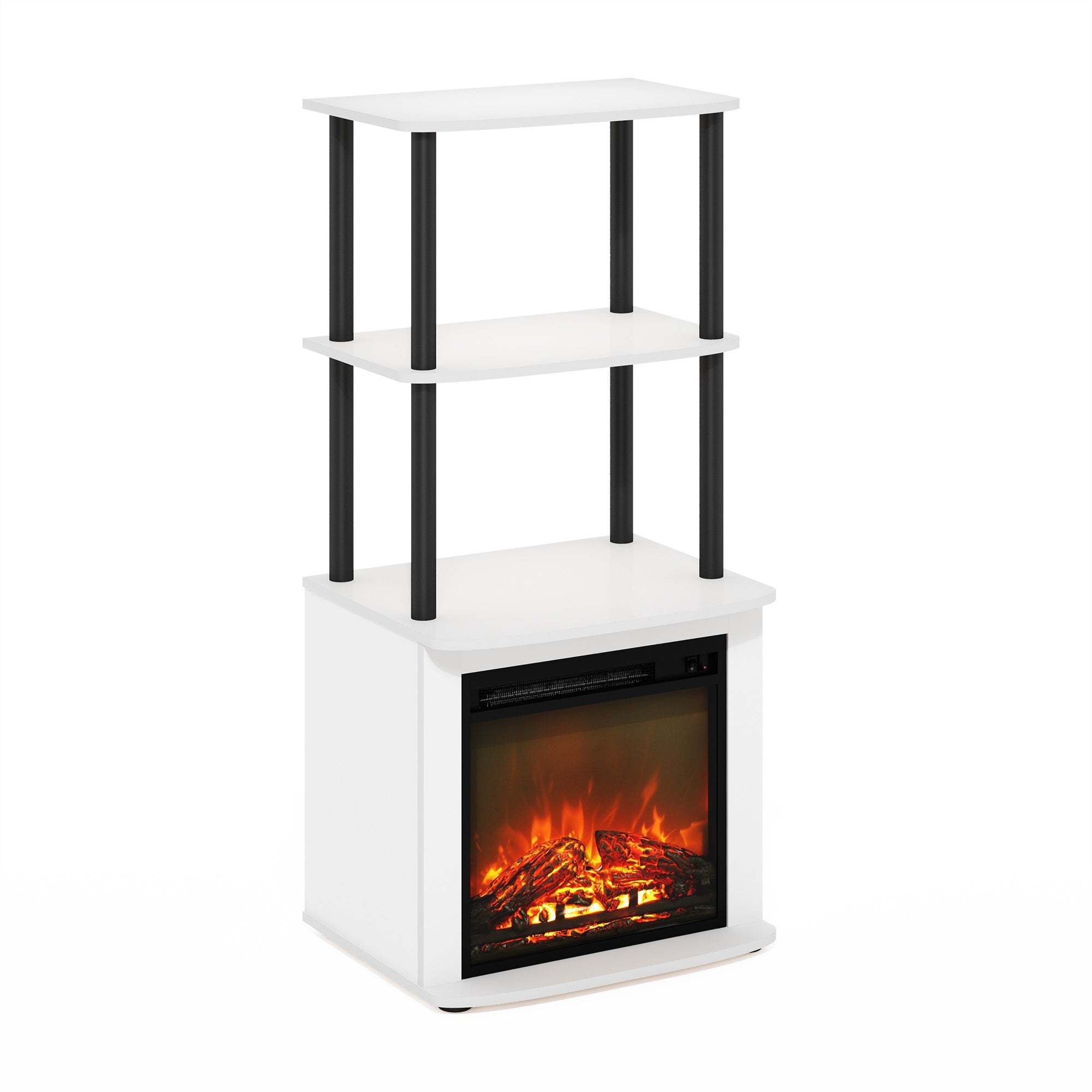 Furinno Turn-N-Tube 2-Tier Tall Tv Entertainment Side Table Display Rack With Fireplace Insert, Solid White/Black