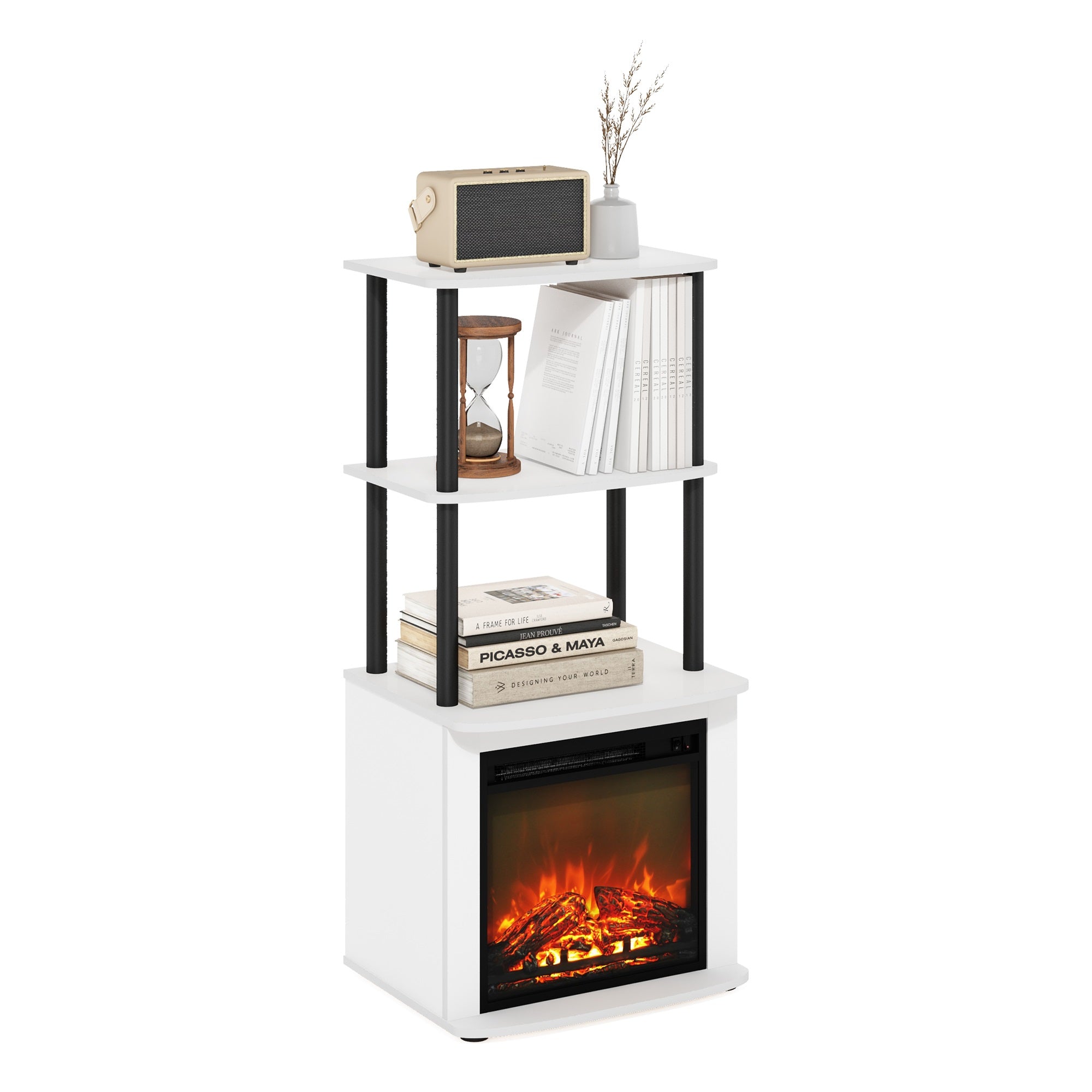 Furinno Turn-N-Tube 2-Tier Tall Tv Entertainment Side Table Display Rack With Fireplace Insert, Solid White/Black