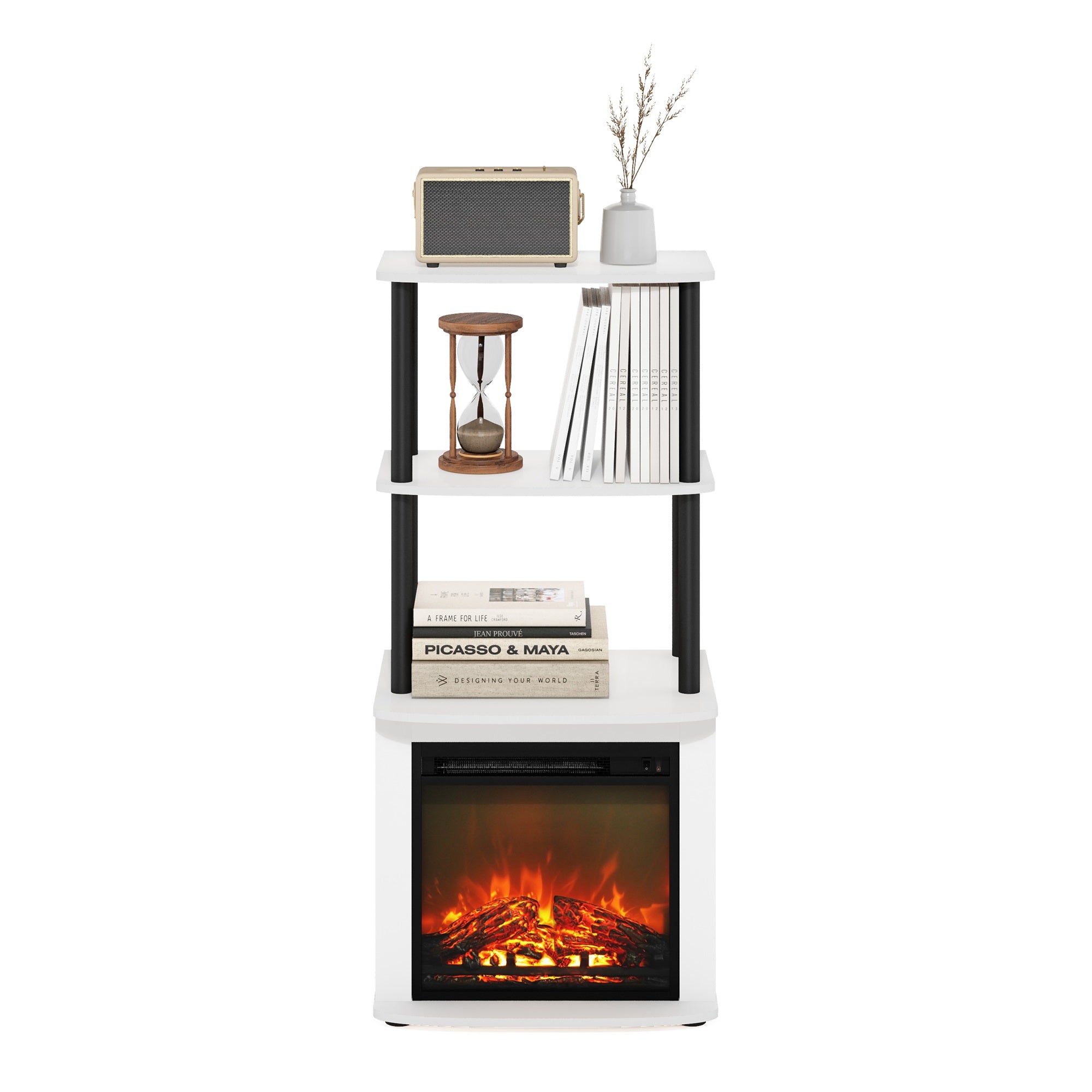 Furinno Turn-N-Tube 2-Tier Tall Tv Entertainment Side Table Display Rack With Fireplace Insert, Solid White/Black