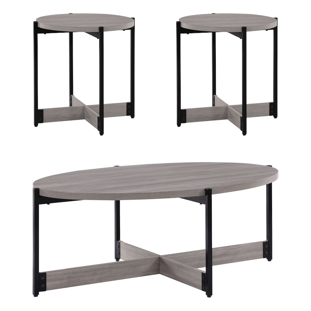 3 Piece Occasional Table Set in Grey Woodgrain Finish with Black Metal Legs