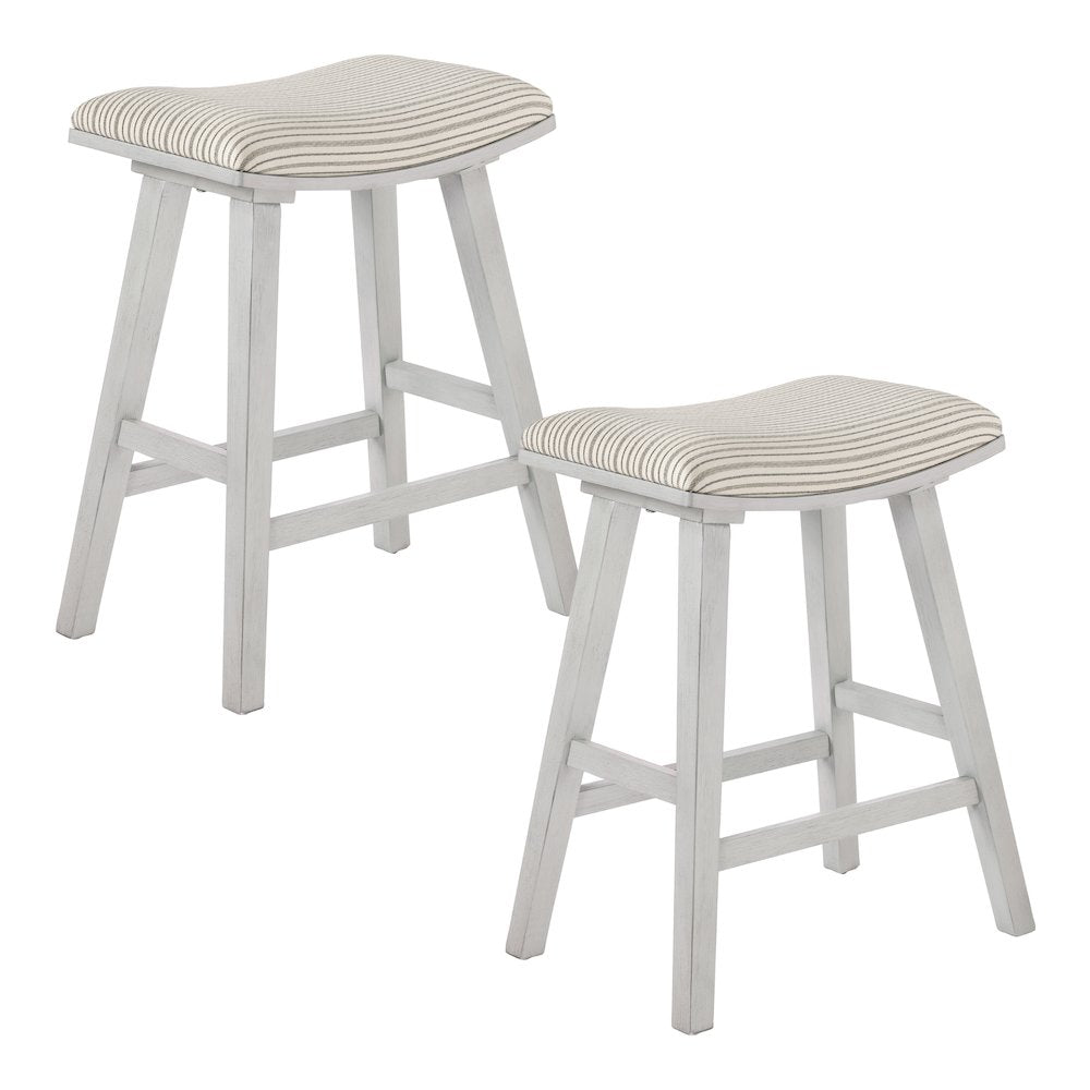 24 Saddle Stool 2-Pack With Cream Pin Stripe Fabric Seat And White Wash Frame