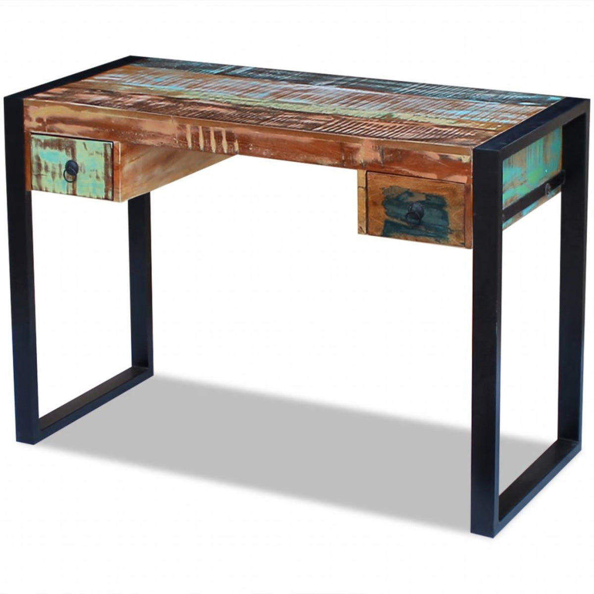 Vintage-Style Solid Reclaimed Wood Desk - Sturdy Steel Frame, Spacious Tabletop, 2 Drawers - Versatile Home Office Furniture - H