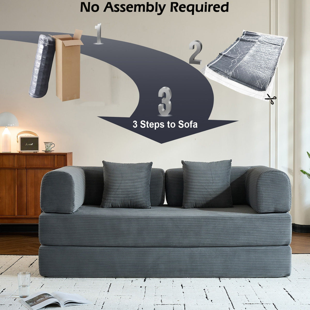 Convertible Sleeper Sofa Bed With Cylindrical Pillow, With Fixed Shape Frame
