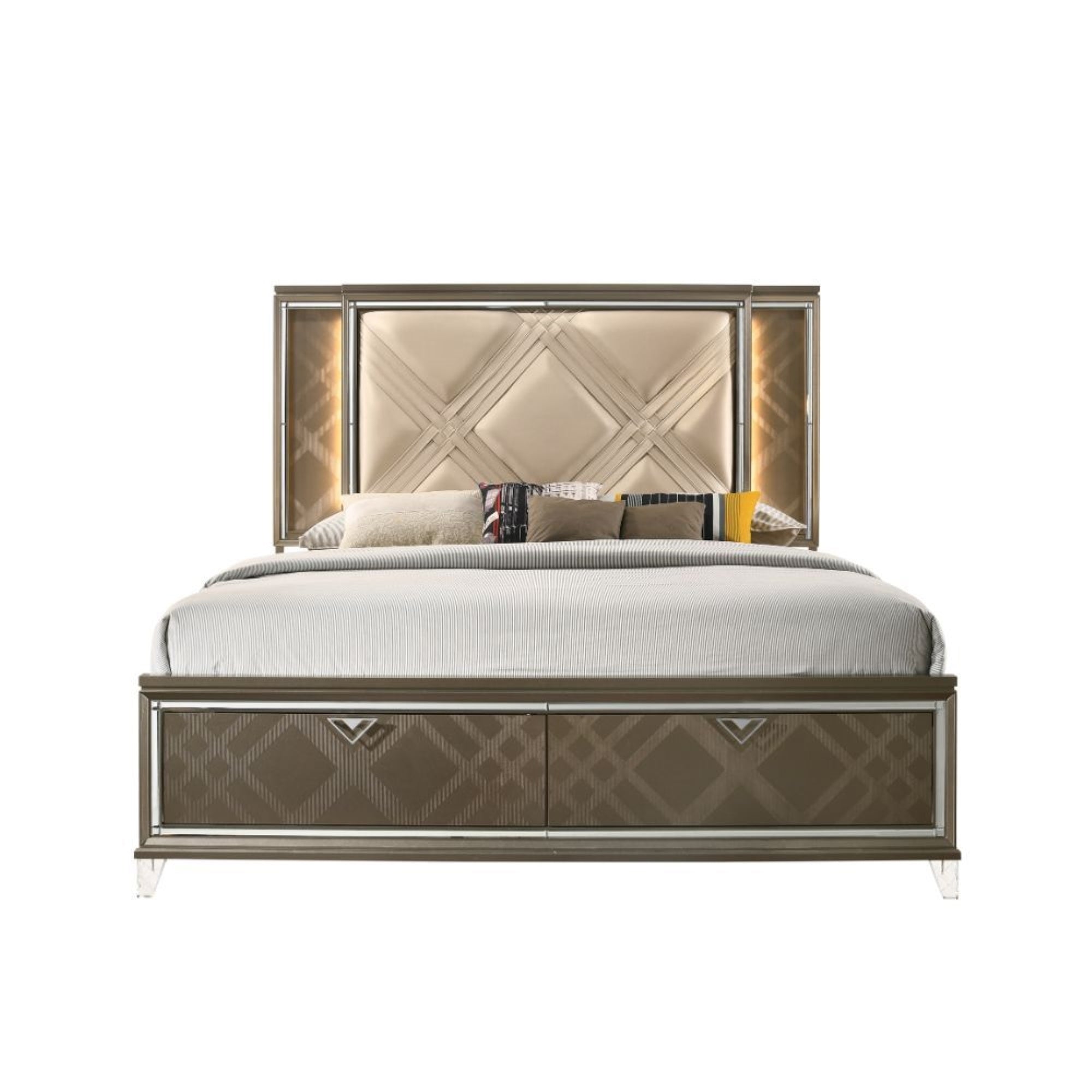 Acme Skylar Queen Bed with Storage in LED in PU and Dark Champagne