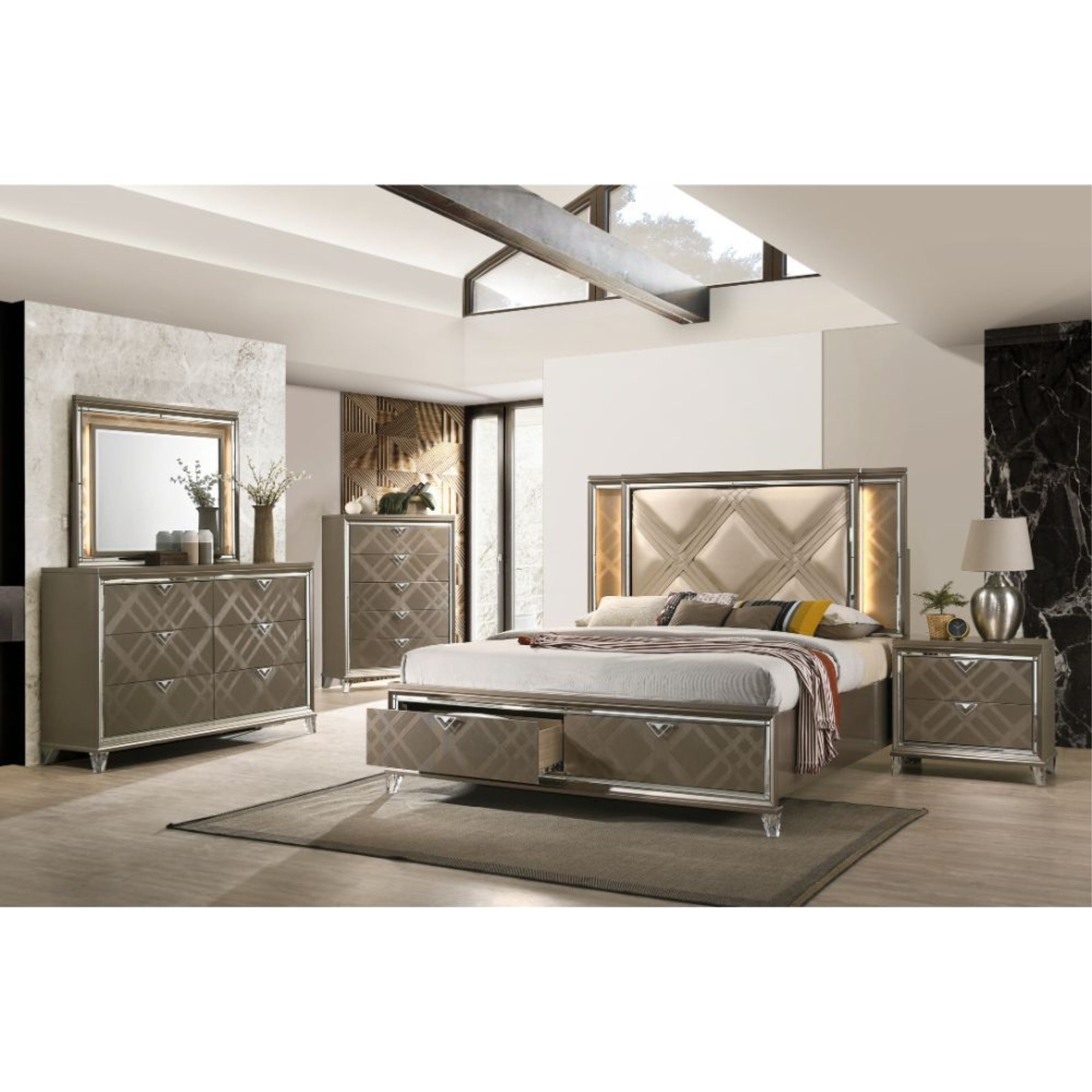 Acme Skylar Queen Bed with Storage in LED in PU and Dark Champagne