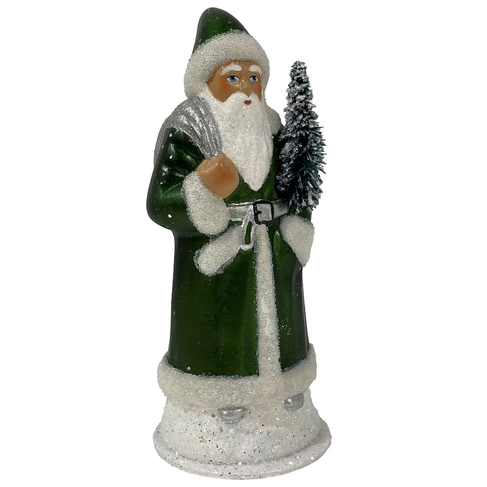 Paper Mache Candy Container  Santa In Green Shiny Coat With Silver Bag
