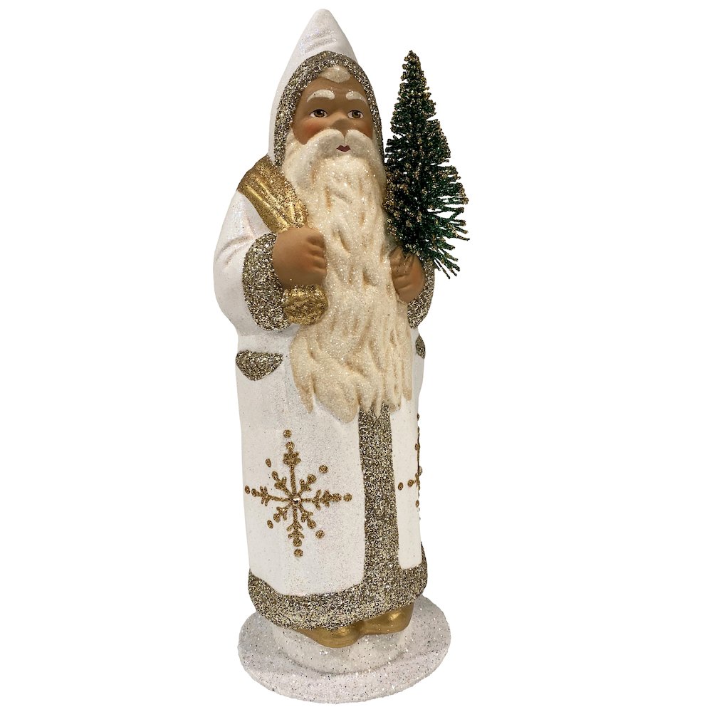 Paper Mache Candy Container  Santa In White With Gold Flakes And Cyrstals