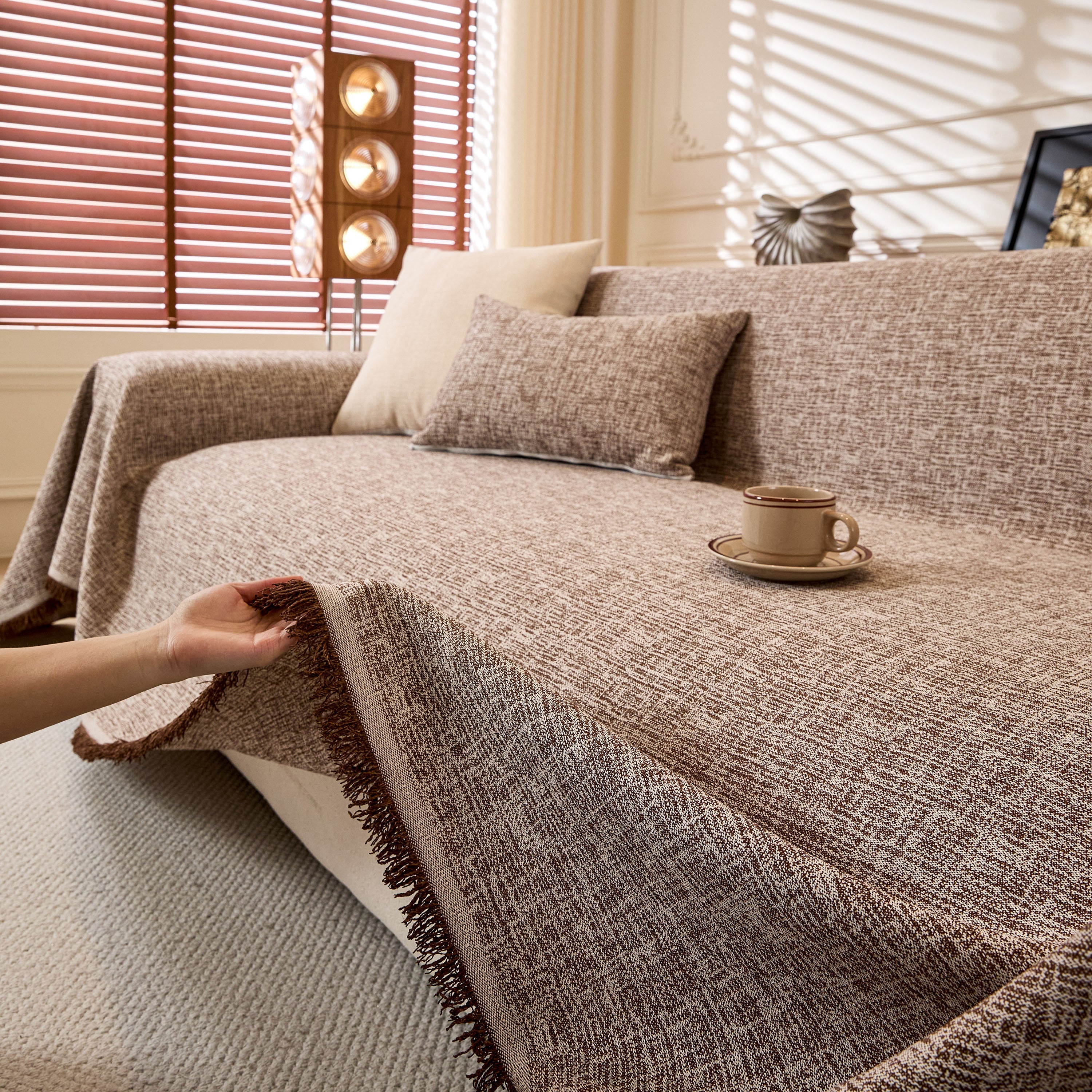 Linen-Look Textured Couch Throw Cover, Breathable Sofa Blanket & Furniture Protector