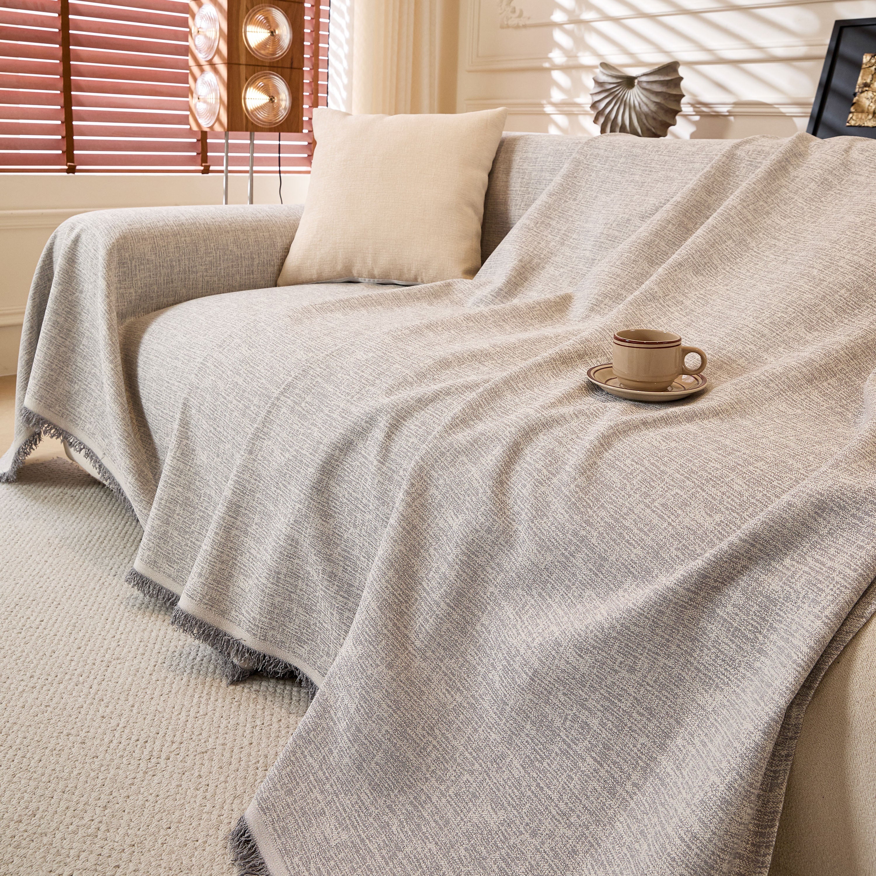 Linen-Look Textured Couch Throw Cover, Breathable Sofa Blanket & Furniture Protector