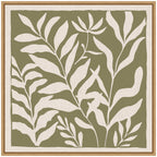 Sylvie Modern Minimalist Botanical Green and Neutral Linen Framed Canvas by The Creative Bunch Studio
