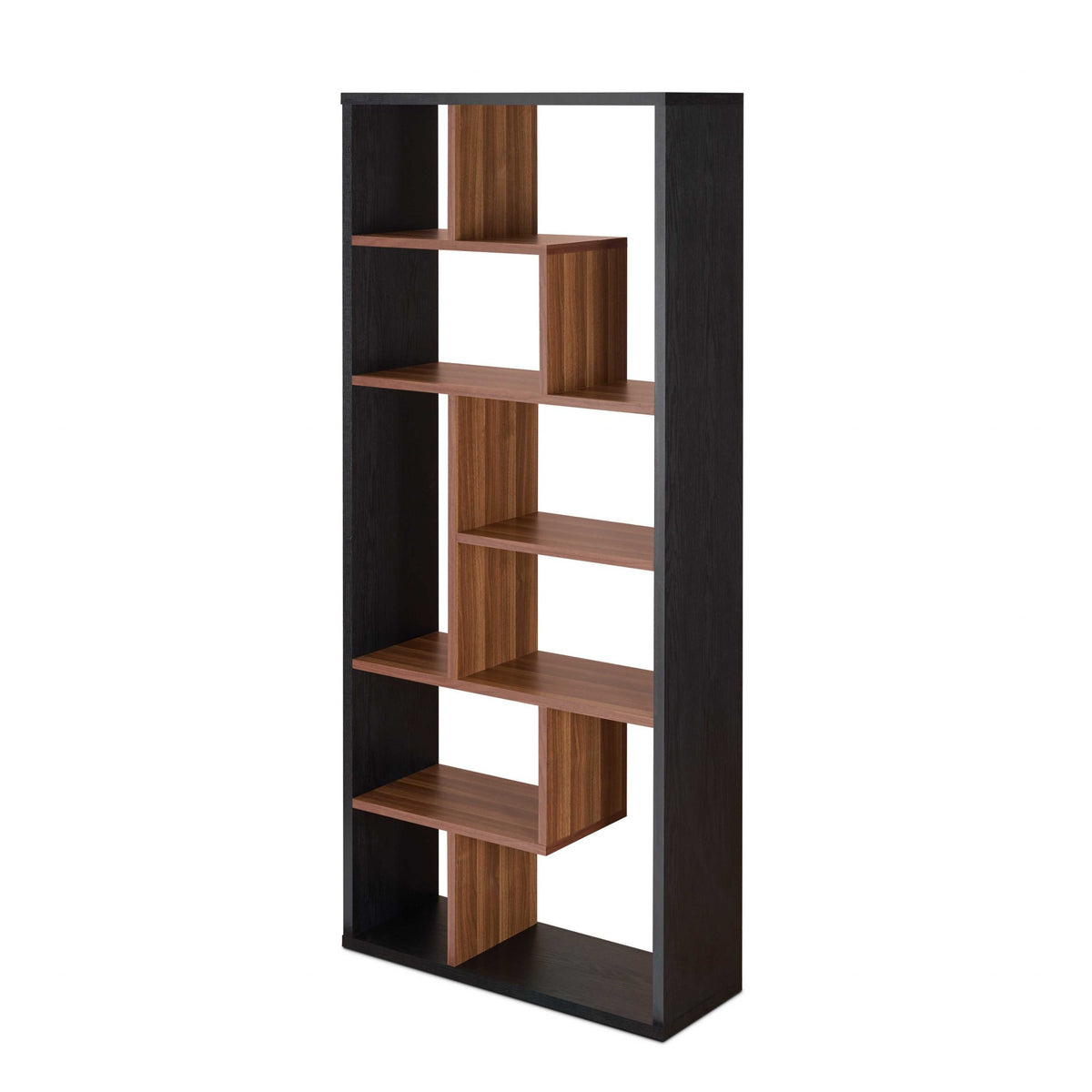 32'' X 12'' X 71'' Black And Walnut Veneer Cube Bookcase