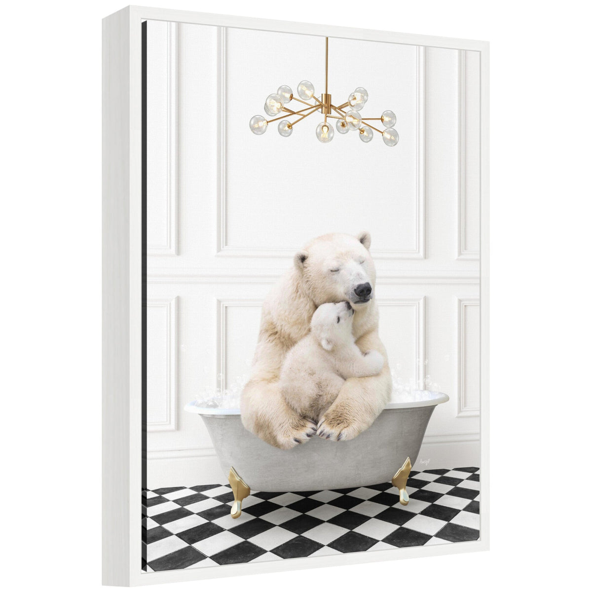 Sylvie Mother and Baby Polar Bear in Gray Bathtub on Checker Floor Framed Canvas by Amy Peterson