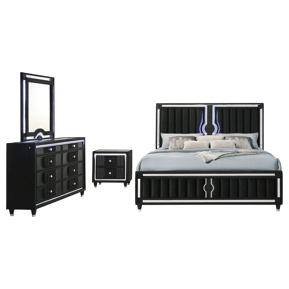 Ravenne 4piece Velvet Upholstered California King LED Bedroom Set Black