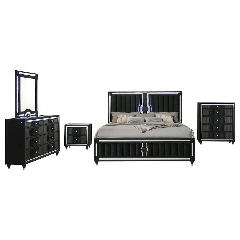 Ravenne 5piece Velvet Upholstered California King LED Bedroom Set Black