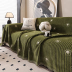 Chenille Camellia Floral Sofa Throw Cover Couch Blanket with Striped Jacquard