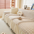 Grid Textured Sofa Cover with Sheer Ruffle Skirt, Pet-Friendly Sofa Throw Slipcover