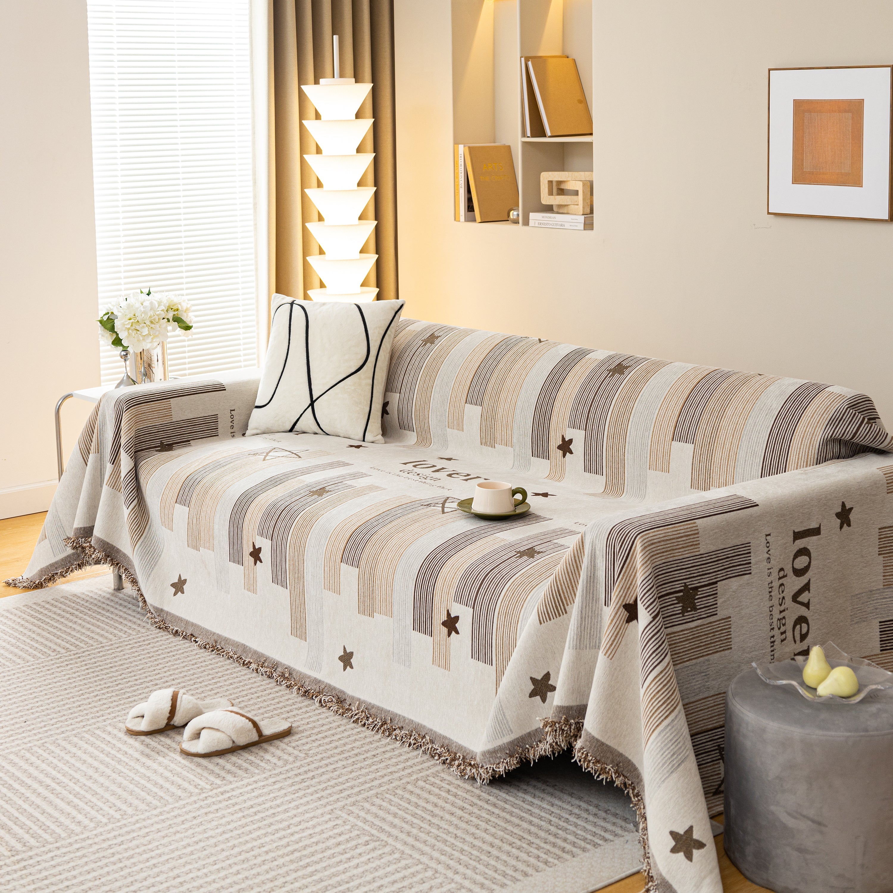 Geometric Chenille Sofa Throw Cover, Breathable Couch Protector with Tassel Fringe