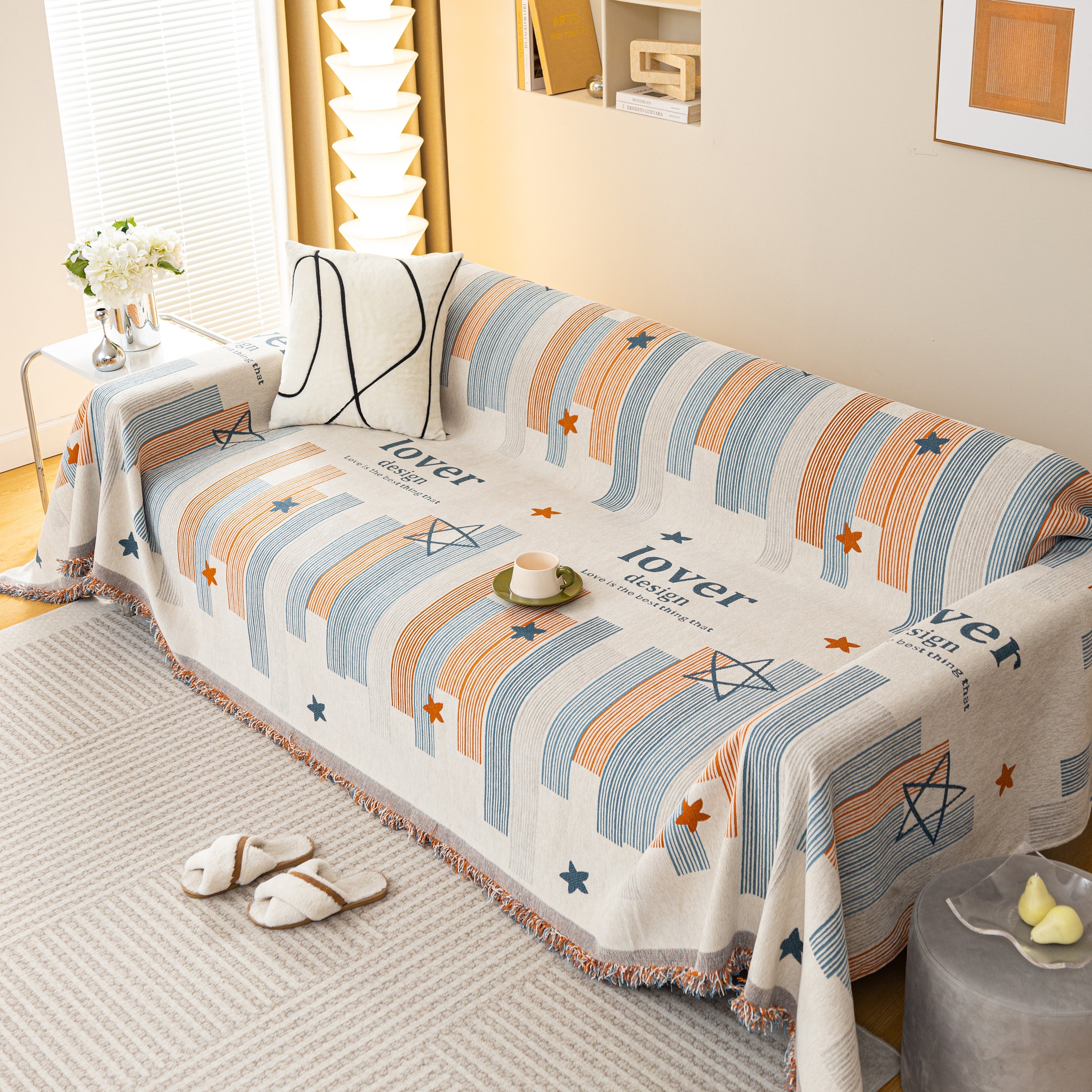 Geometric Chenille Sofa Throw Cover, Breathable Couch Protector with Tassel Fringe