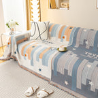 Geometric Chenille Sofa Throw Cover, Breathable Couch Protector with Tassel Fringe