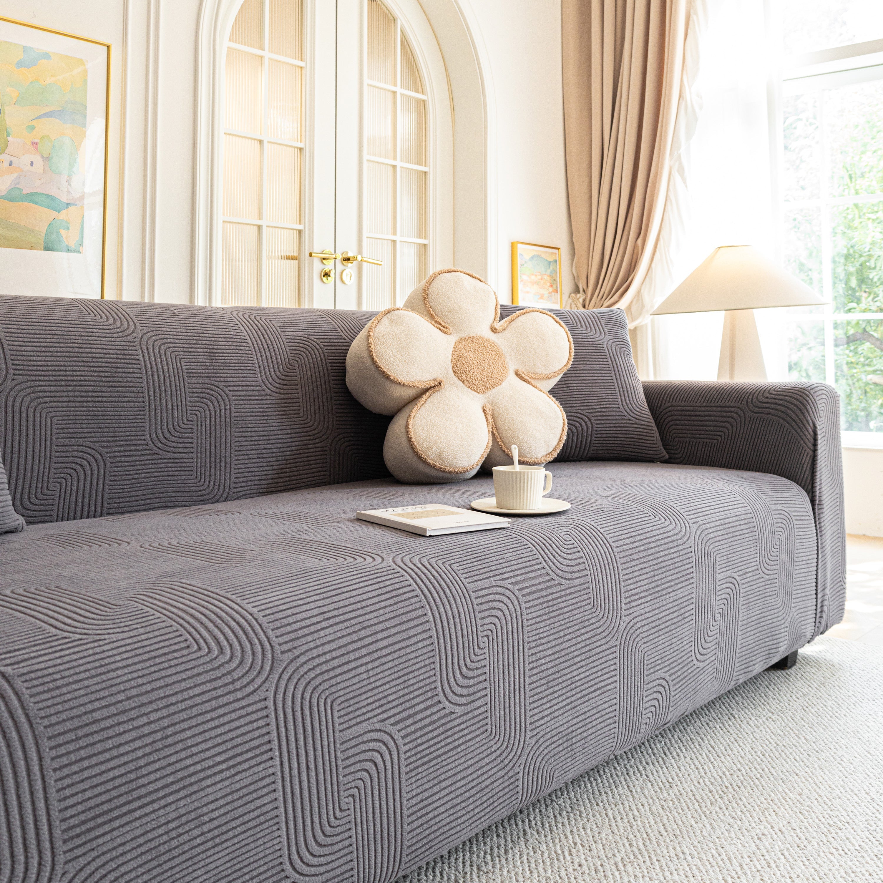 Modern Slipcovers Geometric Textured Stretchable Sofa Cover for Couch with Chaise