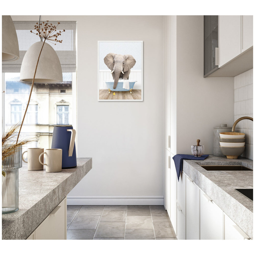 Sylvie Elephant Front in Cottage Blue Bathtub Framed Canvas by Amy Peterson