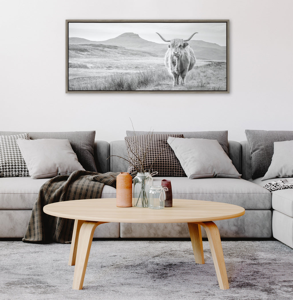 Sylvie Highland Cow Mountain Landscape Black and White Framed Canvas by The Creative Bunch Studio