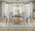 Caspian 7-Piece Dining Set with 59 Round Oak Finish Table & 6 Gray Upholstered Dining Chairs