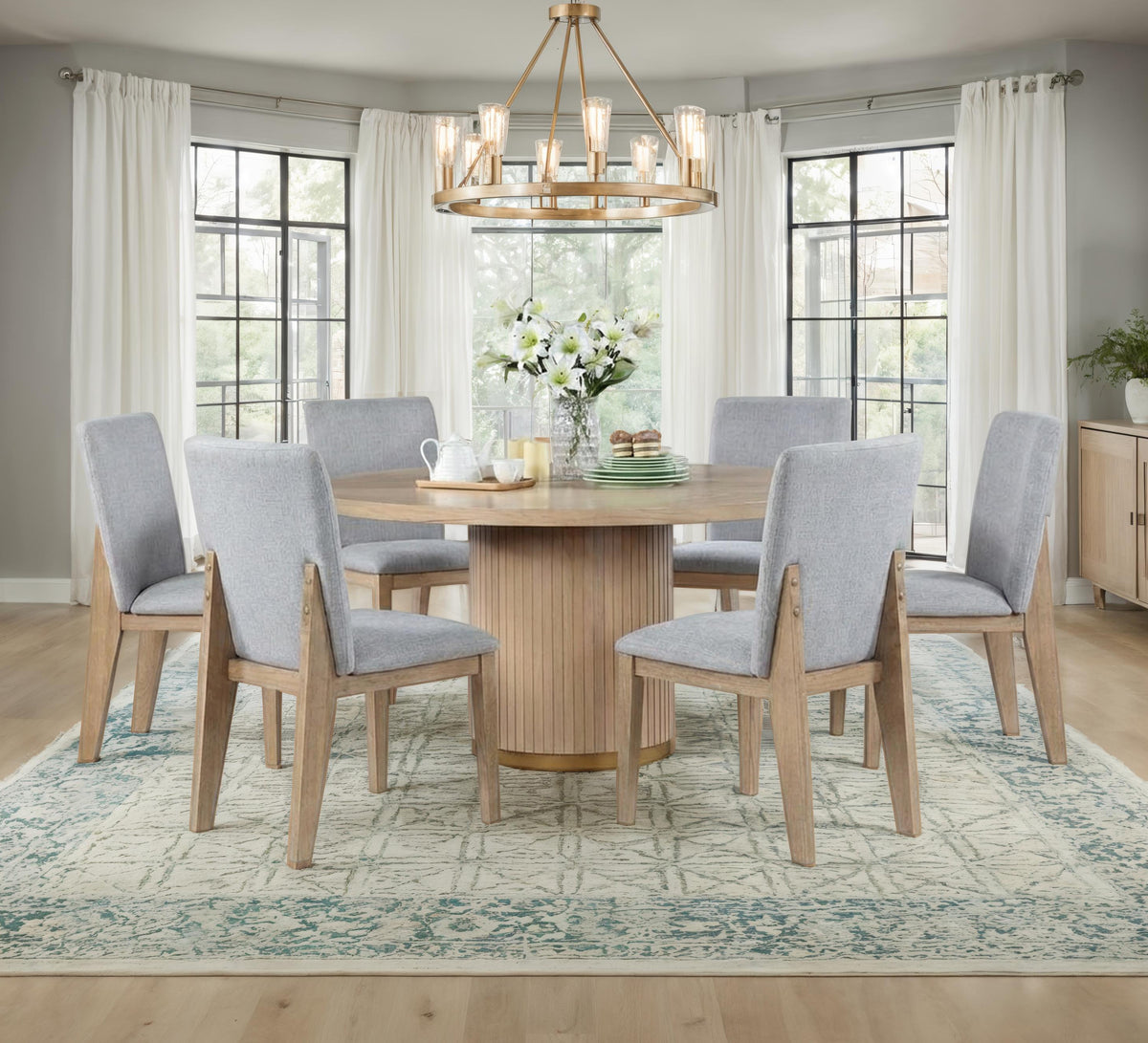 Caspian 7Piece Dining Set with 59 Inch Round Oak Finish Table & 6 Gray Upholstered Dining Chairs