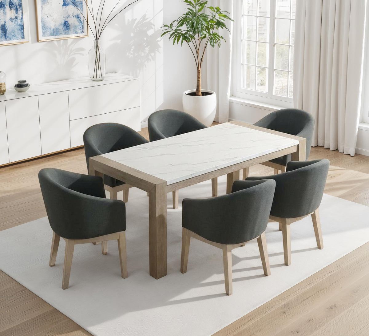 Tabitha 7Piece Dining Set with 66 Inch Rectangular White Faux Marble Top Table in Light Oak Finish & 6 Gray Upholstered Barrel Chai