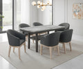 Selena 7-Piece Dining Set with 60 Rectangular Gray Faux Marble Top Table, Storage Shelf & 6 Gray Upholstered Barrel Chairs