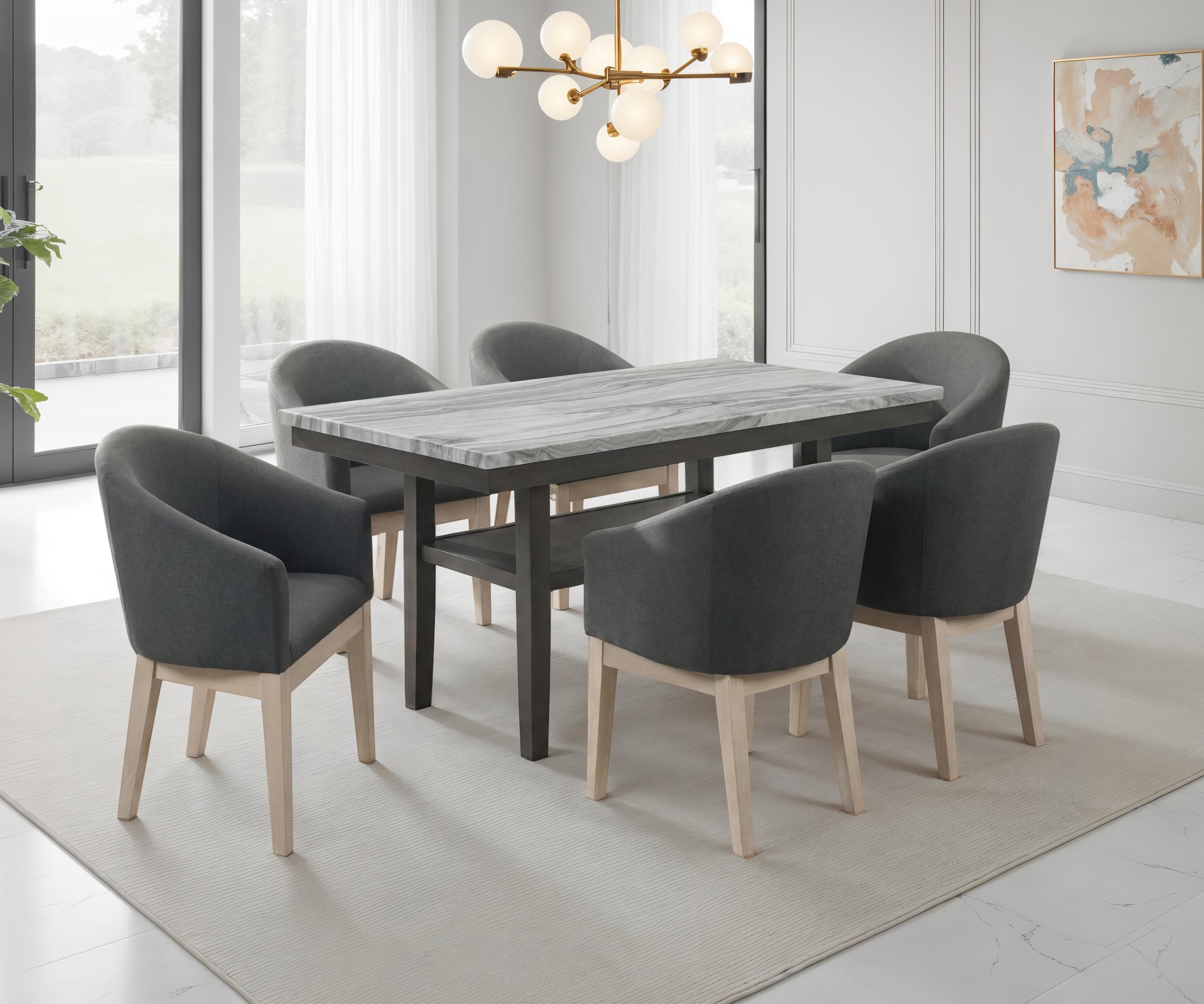 Selena 7-Piece Dining Set with 60 Rectangular Gray Faux Marble Top Table, Storage Shelf & 6 Gray Upholstered Barrel Chairs