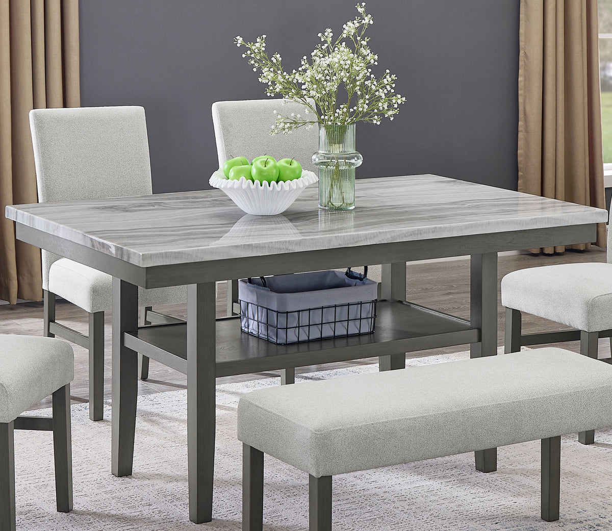 Selena 60 Inch Gray Faux Marble Top Rectangular Dining Table with Storage Shelf in Gray Wood Finish