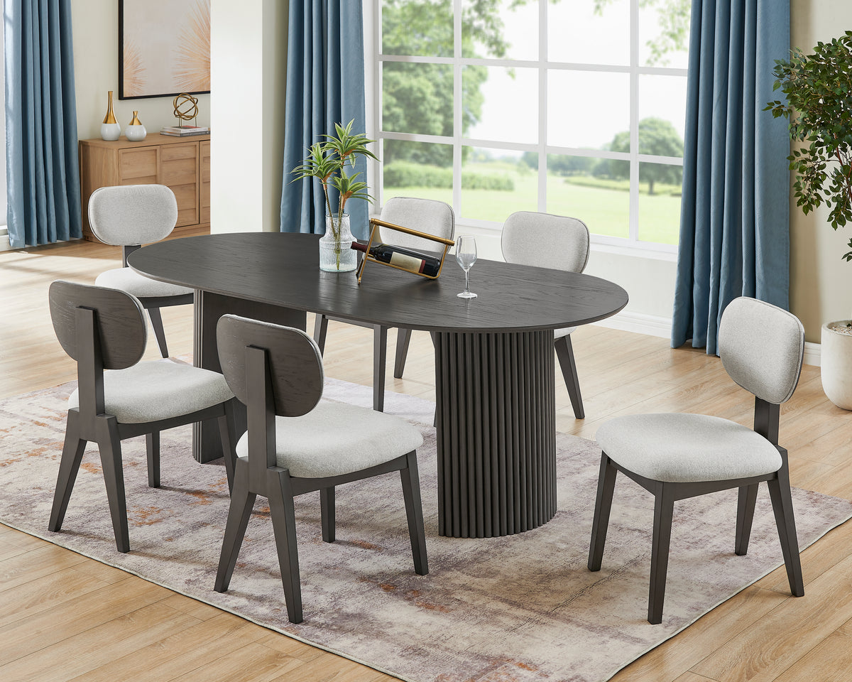 Valencia 7Piece 80 Inch Oval Gray Oak Finish Dining Set with Dual Pedestal Base & Light Gray Fabric Upholstered Chairs