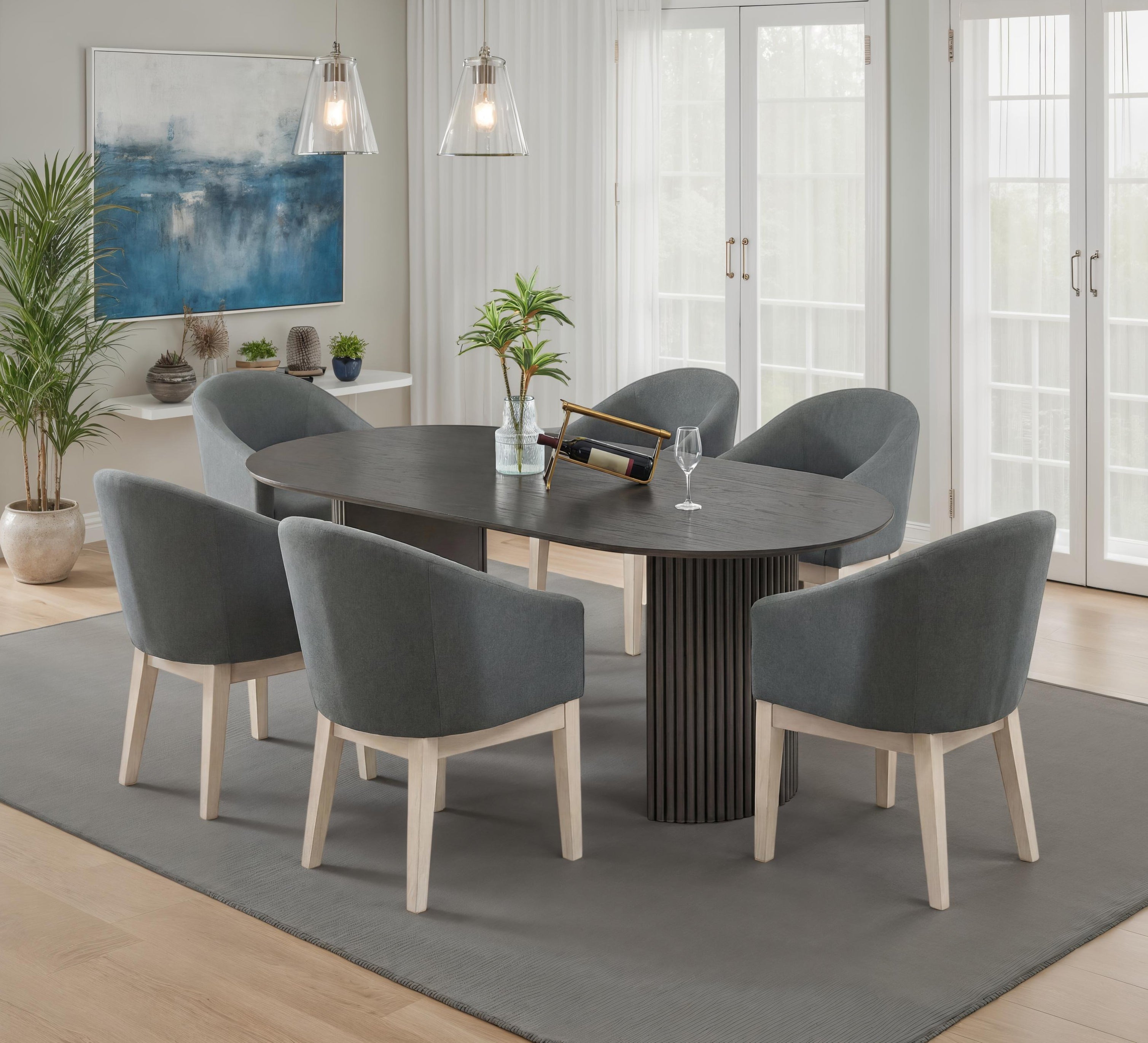 Valencia 7-Piece Dining Set with 80 Gray Oak Finish Oval Table, Dual Pedestal Base & 6 Gray Upholstered Barrel Chairs